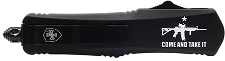 [093674811270] Templar Knife  Gen II Come And Take It Large 3.50" OTF Drop Point Part Serrated Black Oxide Stonewashed 440C SS Blade, 5.50" Black "Come And Take It" w/Cannon Aluminum Handle, Glass Breaker