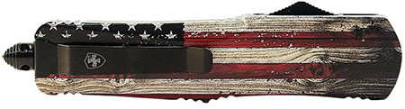 [093674807563] Templar Knife  Gen II Wood US Flag Small 2.75" OTF Dagger Plain Black Oxide Stonewashed 440C SS Blade, 4.25" Painted Wood Grain US Flag Aluminum Handle, Glass Breaker