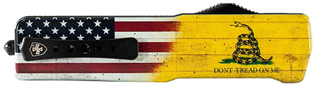 [093674815117] Templar Knife  Premium Weighted Don't Tread On Me Small 3" OTF Tanto Plain Black Oxide Stonewashed Powder Coated D2 Steel Blade, 4.50" Yellow w/Flag  &  "Don't Tread On Me" Aluminum Zinc Alloy Handle