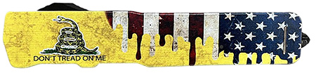 [093674827080] Templar Knife  Excalibur Don't Tread On Me Slim 3.25" OTF Dagger Plain Black Oxide Stonewashed Powder Coated D2 Steel Blade, 5" Yellow w/Flag  &  "Don't Tread On Me" Aluminum Handle