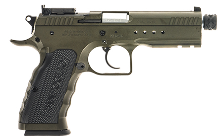 [8051770134718] Tanfoglio  Defiant Tactical Pro 9mm Luger 20+1 4.50" Stainless Threaded Barrel, Green Steel Optic Ready/Ported/Serrated Slide, Green Steel Frame w/Beavertail  &  Picatinny Rail, Black Polymer Grip