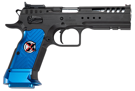 [8051770134817] Tanfoglio  Limited Master Xtreme 9mm Luger 17+1 4.76" Stainless Steel Barrel, Black Steel Optic Ready/Serrated Slide, Black Steel Frame w/Beavertail  &  Picatinny Rail, Blue Polymer Grip