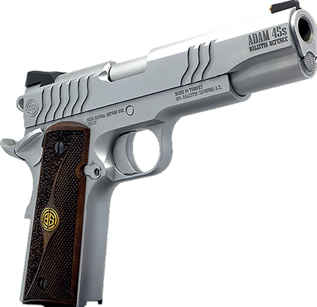 [646809582271] Dickinson LLC DCKSN45S 1911 Adam S Full Size Frame SAO 45 ACP 7+1 5" Stainless Button Rifled Barrel, Stainless Steel S Serrations Slide, Stainless Steel Frame, Wood Grip