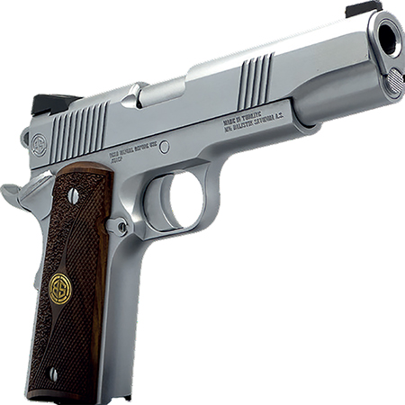 [646809582219] Dickinson LLC DKSN9B 1911 Adam B Commander Frame 9mm Luger 9+1 4.25" Stainless Button Rifled Barrel, Stainless B Serrations Slide, Stainless Steel Frame, Wood Grip