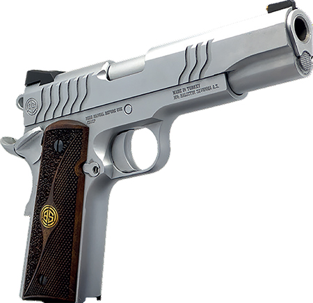 [646809582226] Dickinson LLC DKSN9S 1911 Adam S Commander Frame SAO 9mm Luger 9+1 4.25" Stainless Button Rifled Barrel, Stainless Steel S Serrations Slide, Stainless Steel Frame, Wood Grip