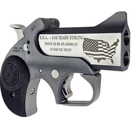 [855959009181] Bond Arms BA30TH-45LC/410 30th Anniversary Rough Series 45 Colt/410 Gauge 2 Shot 3" Engraved Matte Double Barrel Rough Matte Stainless Steel Frame Black Rubber Grips Right Hand