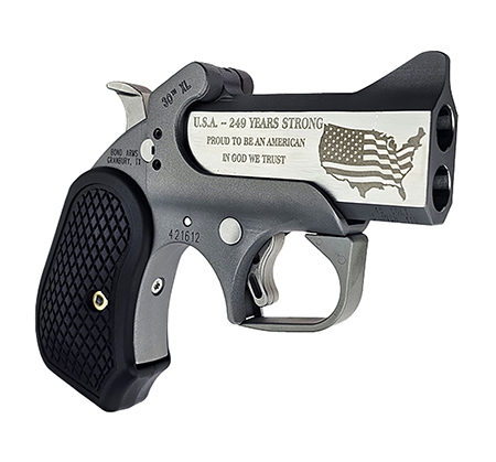 [855959007927] Bond Arms BA30THXL-45LC/410 30th Anniversary Rough Series 45 Colt/410 Gauge 2 Shot 3" Engraved Matte Double Barrel Rough Matte Stainless Steel Frame Black Extended B6 Resin Grips Right Hand