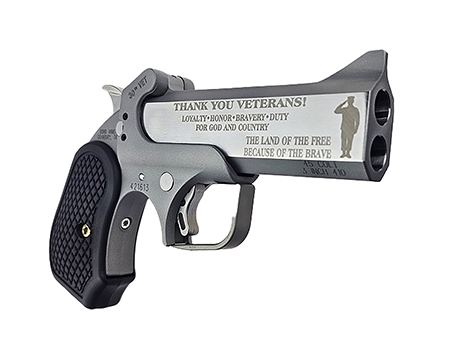 [855959008511] Bond Arms BA30THVET-45LC/410 30th Vet Rough Series 45 Colt/410 Gauge 2 Shot 4.25" Engraved Matte Double Barrel Rough Matte Stainless Steel Frame Black Extended B6 Resin Grips Right Hand