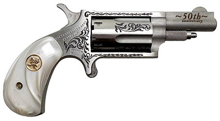 [744253003981] North American Arms 22M50 50th Anniversary  22 Mag 5 Shot 1.63" Matte Stainless w/"50th Anniversary"  &  Scroll Engraving, White Pearl Grip, Exposed Hammer