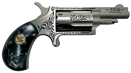 [744253004032] North American Arms 22M50B 50th Anniversary  22 Mag 5 Shot 1.63" Matte Stainless w/"50th Anniversary"  &  Scroll Engraving, Black Pearl Grip, Exposed Hammer