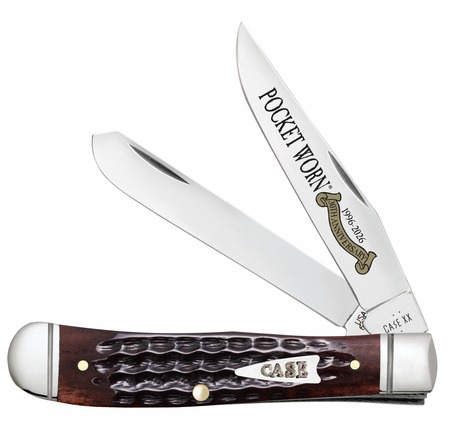 [021205552316] Case 55231 Pocket Worn Trapper Mini Folding 2.75" Clip Point  &  Spey Plain Mirror Polished Tru-Sharp SS Blades, Corn Cob Jigged Mahogany Bone Handle