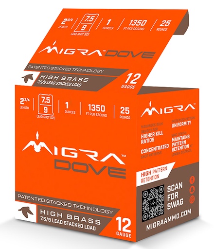[850060794377] Migra Ammunitions M12LF7.59  Dove 12Gauge 2 3/4" 1oz 7.5/9Shot 25 Per Box/10 Case