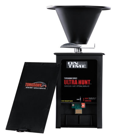 [797539430056] On Time 43005 Tomahawk Ultra Hunt Feeder Black Waterproof High-Impact Composite, Heavy Duty Motor, Dawn-Dusk Mode Operation, 4 Feed Times with 1-20 Second Duration, Universal Mount