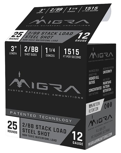 [850060794490] Migra Ammunitions M12SS2BB Staxd  12Gauge 3" 1 1/4oz 2/BBShot 25 Per Box/10 Case