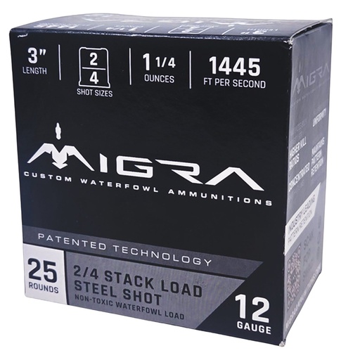 [850060794476] Migra Ammunitions M12SS24 Staxd  12Gauge 3" 1 1/4oz 2/4 Shot 25 Per Box/10 Case