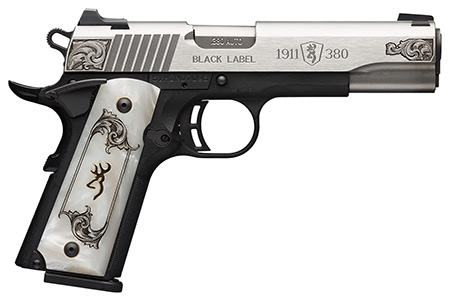 [023614743088] Browning 051966492 1911 Black Label Medallion Full Size Frame 380 ACP 8+1 4.25" Matte Stainless Steel Barrel  &  Serrated Slide, Matte Black Polymer Frame w/Beavertail, White Imitation Pearl Grip
