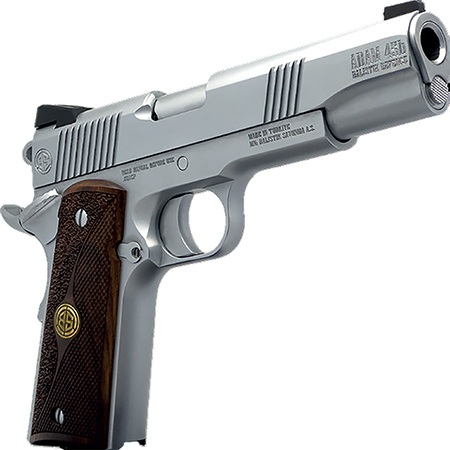 [8681744301473] Dickinson LLC DCKSN45B 1911 Adam B Full Size Frame SAO 45 ACP 7+1 5" Stainless Button Rifled Barrel, Stainless Steel B Serrations Slide, Stainless Steel Frame, Wood Grip