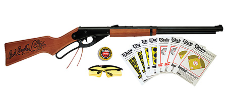 [039256849385] Daisy 994938-803 Red Ryder Shooting Kit Lever 177 BB Black Steel Barrel  &  Receiver, Fixed Engraved Wood Stock