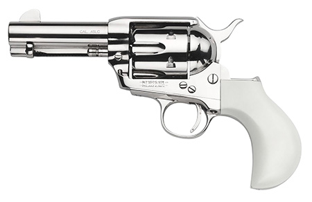 [810012512978] Taylors  &  Company 200111 1873 Flat Top Pietta 9mm Luger 6 Shot 3.50" Nickel Round Barrel, Cylinder  &  Steel Frame, PVC White Flat Birdshead Grip, Exposed Hammer