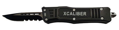 [728881687393] Xcaliber Knife Company  380 ACP  Small 2.75" OTF Part Serrated Black 440C SS Blade, 3.91" Steel Handle