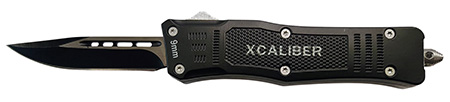 [728881687386] Xcaliber Knife Company  9mm  Small 2.75" OTF Drop Point Black 440C SS Blade, 3.91" Steel Handle