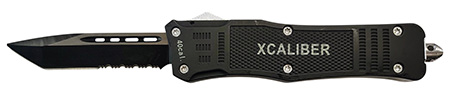 [728881687485] Xcaliber Knife Company  40 Cal  Large 3.80" OTF Tanto Part Serrated Black 440C SS Blade, 5.30" Steel Handle
