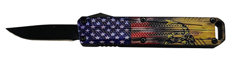 [728881687584] Xcaliber Knife Company  Drop Point  Mini 1.80" OTF Drop Point Plain Black 440C SS Blade, 3.52" US Flag Aluminum Handle