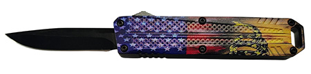 [728881687591] Xcaliber Knife Company  Don't Tread on Me  Small 2.75" OTF Drop Point Plain Black 440C SS Blade, 4.15" US Flag Aluminum Handle