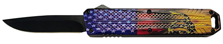 [728881687607] Xcaliber Knife Company  Don't Tread on Me  Medium 3.20" OTF Drop Point Plain Black 440C SS Blade, 4.80" US Flag Aluminum Handle