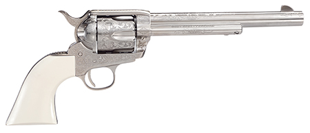 [810012510516] Taylors  &  Company  1873 Outlaw Legacy Pietta 45 Colt (Long Colt) 6 Shot 7.50" Nickel Engraved Round Barrel, Cylinder  &  Steel Frame, White PVC Navy Grip, Manual Safety, Exposed Hammer