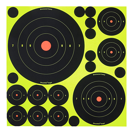 [029057340181] Birchwood Casey 34018 Shoot-N-C Reactive Target Variety Pack Self-Adhesive Paper Black/Yellow Bullseye 50 Pack