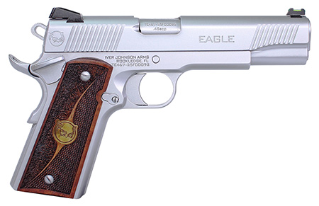 [796167793137] Iver Johnson Arms EAGLEHC Eagle Gen2 HC Government Frame 45 ACP 8+1 5" Overall Satin Hard Chrome Crowned Barrel, Serrated Steel Slide  &  Frame w/Beavertail, Textured Walnut w/Brass Logo Medallion Grip