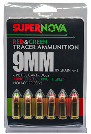 [860014631726] Supernova PMSN9MMMP Green/Red Tracer  9mmLuger 119Gr Full Metal Jacket 6 Per Box/60 Case