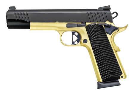 [8053800949064] Chiappa Firearms 440236 1911 Superior Full Size Frame 45 ACP 8+1 5" Black Optic Ready/Serrated Slide, Gold Frame, Blue Laminate Grip, RMR/RMSc Footprint