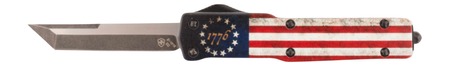 [093674813991] Templar Knife MZBRF121 Premium Weighted Betsy Ross Flag Slim 3.16" OTF Dagger Plain Black Oxide Stonewashed Powder Coated D2 Steel Blade, 4.93" Betsy Ross Flag Aluminum Zinc Alloy Handle