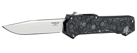 [743108340394] Hogue 34039 Compound  3.50" OTF Clip Point Plain Stone Tumbled CPM 30CV SS Blade. G-Mascus Black Aluminum/G10 Handle