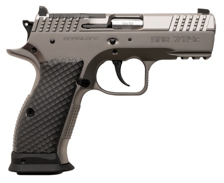 [810075874440] Sarsilmaz SAR7/24C 7/24  Compact 9mm Luger 17+1 Matte Stainless Steel Frame w/Beavertail  &  Picatinny Rail, Black Polymer Grip