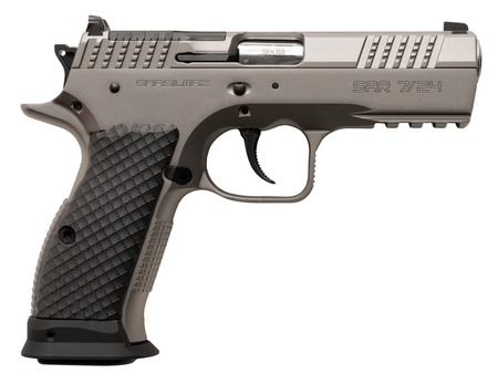 [810075874457] Sarsilmaz SAR7/24 7/24  9mm Luger 17+1 4.40" Stainless Barrel, Matte Stainless Steel Optic Cut/Serrated Slide, Matte Stainless Steel Frame w/Beavertail  &  Picatinny Rail, Black Polymer Grip