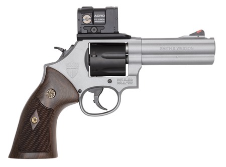 [022188904550] Smith  &  Wesson 14635 Model 686 SPEC R Bundle 357 Mag/38 Special +P 7 Shot, 4.13" Titanium Cerakote PowerPort Stainless Steel Vented Barrel  &  Frame, Black PVD Cylinder, Checkered Wood Grip, Aimpoint Ac