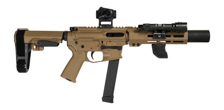 [810188106728] Shark Coast Tactical SCC06728SPFDE9-D Sneeky Pete Deluxe w/Optic 9mm Luger 30+1 5.50" Black Melonite Threaded Barrel, Flat Dark Earth Cerakote Receiver, SB Tactical SBA3 Brace, Vortex Crossfire Red Do