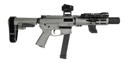 [810188106742] Shark Coast Tactical SCC06742SPGY9-D Sneeky Pete Deluxe w/Optic 9mm Luger 30+1 5.50" Black Melonite Threaded Barrel, Gray Cerakote Receiver, SB Tactical SBA3 Brace, Vortex Crossfire Red Dot, Streamlig