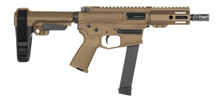 [810188106773] Shark Coast Tactical SCC06773SP9NTAN Sneeky Pete 9mm Luger 30+1 5.50" Black Melonite Threaded Barrel, Tan Cerakote Receiver, SB Tactical SBA3 Brace