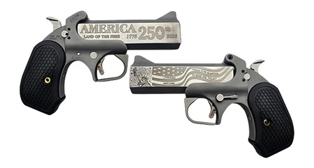 [855959002434] Bond Arms BA250TH-45/410 America 250th Anniversary 45 Colt/410 Gauge 2 Shot 4.25" Rough Matte Engraved Barrel Rough Matte Stainless Steel Frame Black Extended B6 Resin Grips Right Hand