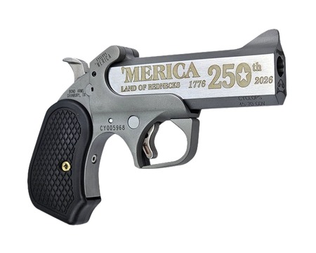 [855959005961] Bond Arms BACY-250TH-45-70 America 250th Anniversary 45-70 Gov 1 Shot 4.25" Rough Matte Engraved Rough Stainless Steel Frame Black B6 Resin Grips Right Hand