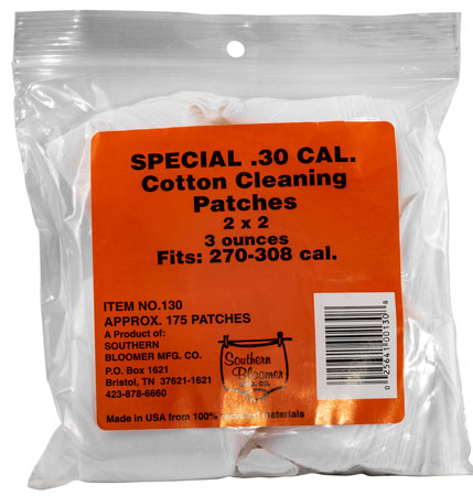 [025641001308] Southern Bloomer 130 Cleaning Patches 30 Cal Cotton 175 Per Bag