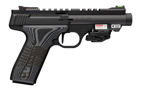 [023614872054] Browning 051612490 Buck Mark Black Label 250 SR 22 LR 10+1 4.40" Matte Black Threaded Bull Barrel, Matte Black Aluminum Frame w/Picatinny Rail Top  &  Bottom, Black G10 Grip w/ Inscribed Waving Flag, Cr