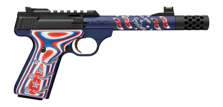 [023614872085] Browning 051615490 Buck Mark Freedom 250 SR 22 LR 10+1 5.90" Waving Flag Threaded Barrel, Blue Anodized Serrated w/Picatinny Rail  Aluminum Receiver, Red/White/Blue G10 Grip