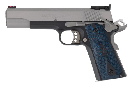 [098289113559] Colt Mfg O5973GCL-TT Gold Cup 38 Super 9+1 5" Stainless National Match Barrel, Brushed Stainless Steel Serrated Slide, Black/Stainless Steel Frame w/Beavertail, Blue Scalloped G10 Grip, Ambidextrous