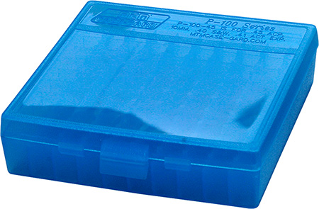 [026057116242] MTM Case-Gard P100924 Ammo Box Flip-Top Multi Caliber Handgun Clear Blue Polypropylene 100rd