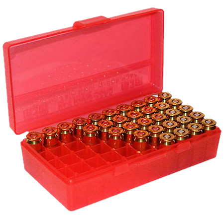 [026057107295] MTM Case-Gard P503829 Ammo Box Flip-Top Multi Caliber Handgun Clear Red Polypropylene 50rd